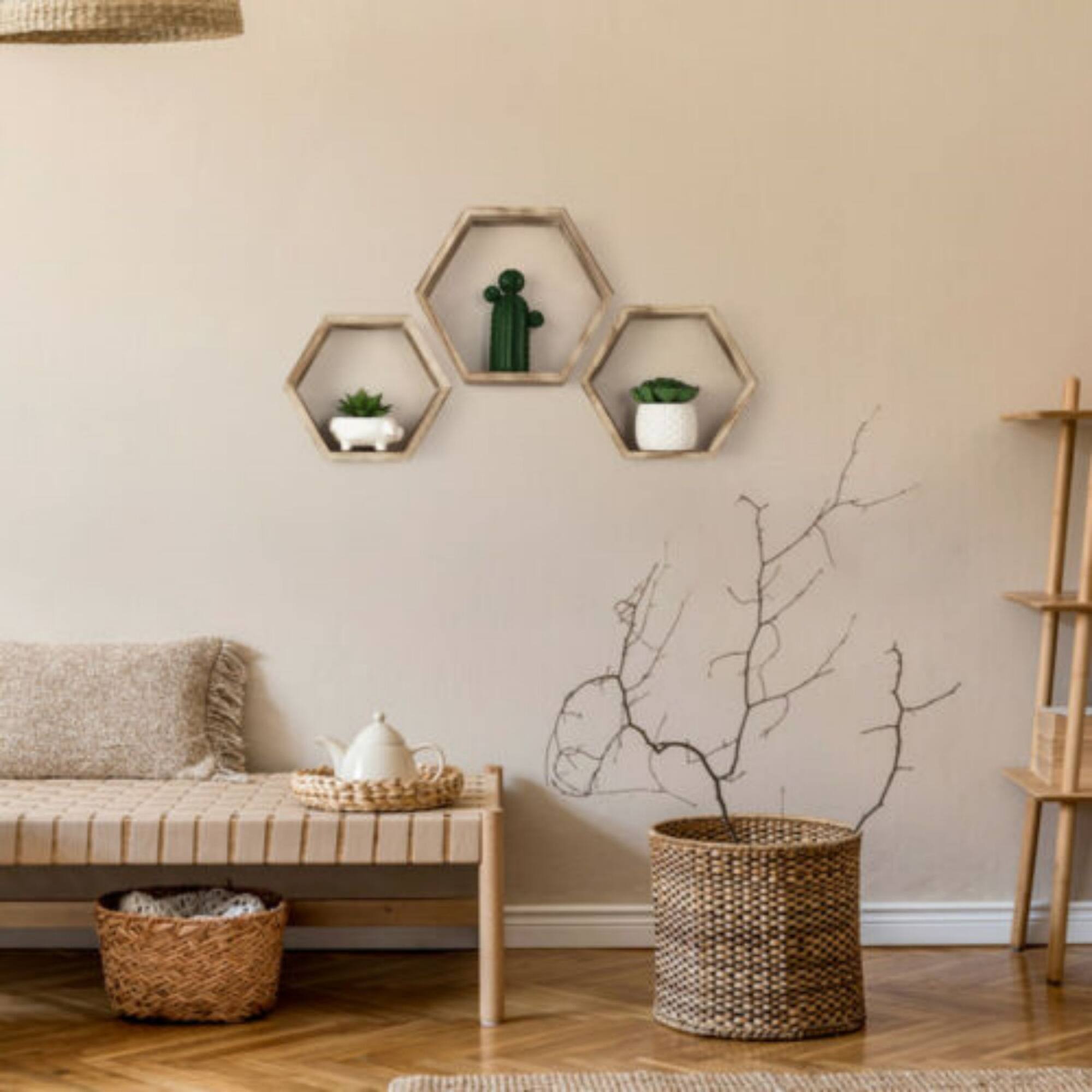 Rustic Brown Floating Hexagonal Shelf Set